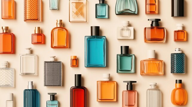 A collection of assorted perfume bottles in various shapes and colors arranged on a light background.