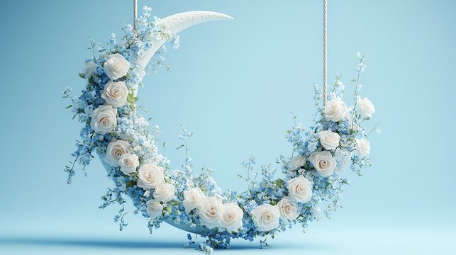 White roses and blue flowers adorn a crescent moon swing against a light blue background.