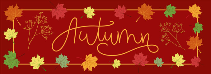 Autumn lettering design with orange, yellow and red maple leaf. Layout for printing, vector illustration.	