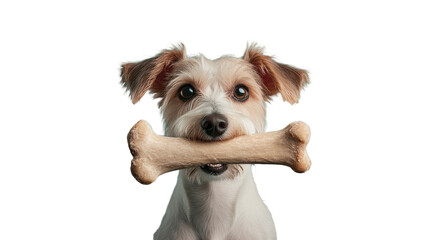 A cheerful dog holding a bone in its mouth, showcasing a playful and loving pet personality. Perfect for pet-themed projects.