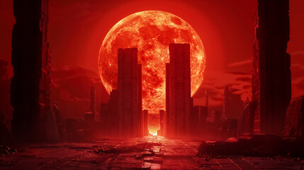 Fototapeta premium Red moon rose behind ancient dark towers, casting a dramatic crimson glow over a desolate, dystopian landscape