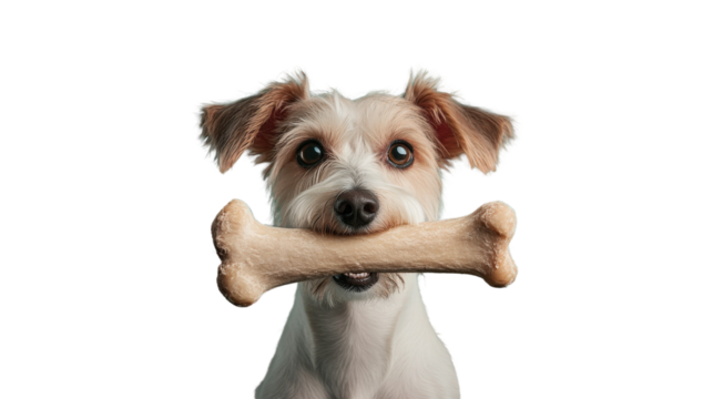 A cheerful dog holding a bone in its mouth, showcasing a playful and loving pet personality. Perfect for pet-themed projects.