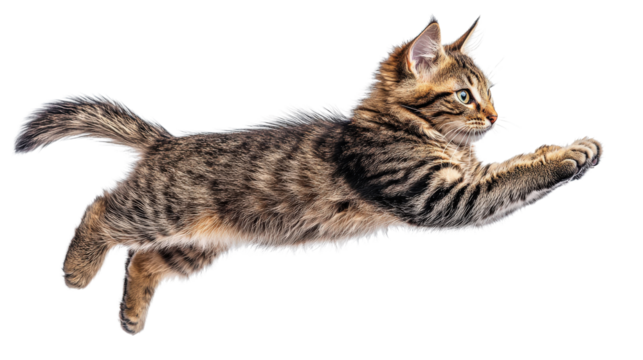 A playful tabby cat leaps gracefully through the air, showcasing its agility and energy in a dynamic pose.