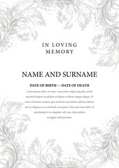 Funeral card. In loving memory of those who are forever in our hearts. Elegant design. Vector illustration.