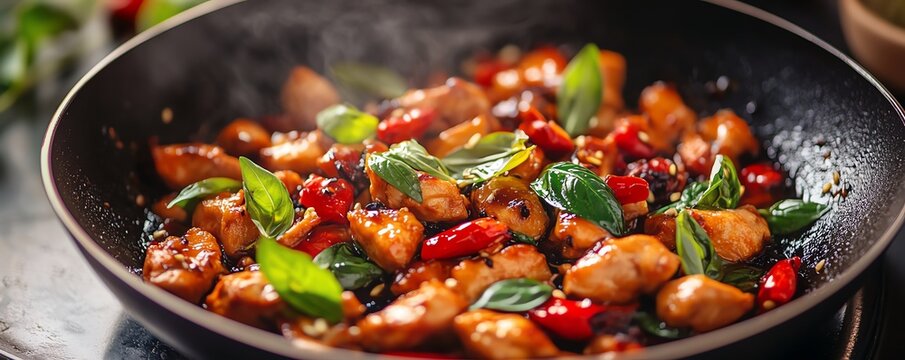 Stirfried Thai basil chicken in a sizzling hot pan, with vibrant red chilies and fragrant basil leaves, Thai basil chicken, spicy aroma