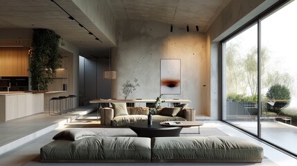 Minimalist interior design, Living room and hidden kitchen, Concrete floor and walls, Natural Lighting. Generative AI.