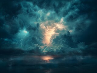 Dramatic Stormy Sky with Powerful Lightning Bolt Illuminating Turbulent Clouds