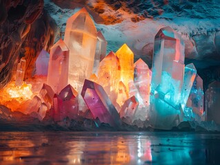 Mesmerizing Glowing Crystal Formations Casting Colorful Reflections in Dark Underground Cavern