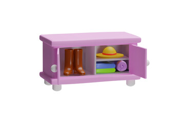 Chest of drawers with clothes and shoes 3D vector icon, pink dresser with open doors and filled shelves, furniture toy