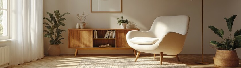 Fototapeta premium Cozy Modern Living Room with Elegant Armchair and Wooden Furniture in Sunlit Interior