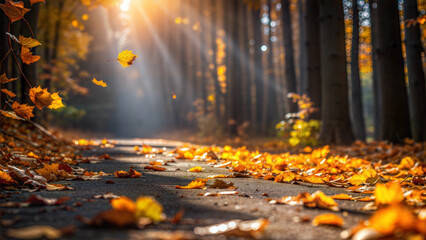 Sunlit Autumn Forest Path with Falling Leaves and Copy Space