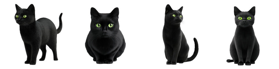 Fototapeta premium Four playful black cats with striking green eyes, showcasing different poses and expressions in a charming and whimsical style.