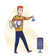 Cleaning after dog. Pet owner picking up pet waste during walk in public park. Animal responsibility of trash clean rules concept. Linear illustration