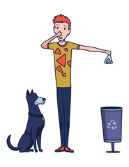 Cleaning after dog. Pet owner picking up pet waste during walk in public park. Animal responsibility of trash clean rules concept. Linear illustration