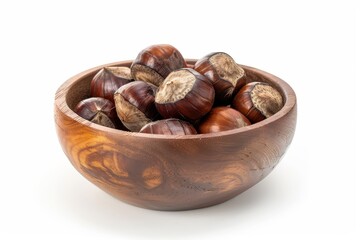 Fototapeta premium Chestnuts in wooden bowl isolated on white background top view