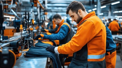 Factory workers in orange and blue uniforms operating industrial sewing machines in a textile manufacturing plant.