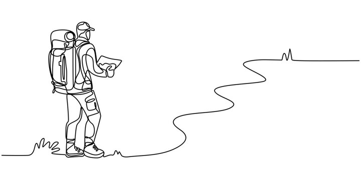 Single continuous line drawing man hiker with backpack and map hiking in mountains or forest and exploring nature. Active outdoor travelling. Dynamic one line draw graphic design pro vector