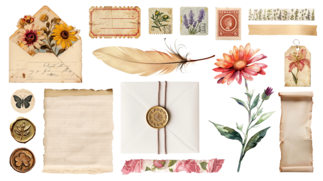 PNG vintage paper collage element set, transparent background