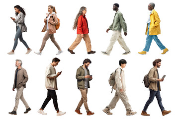 PNG diverse people walking element set, transparent background
