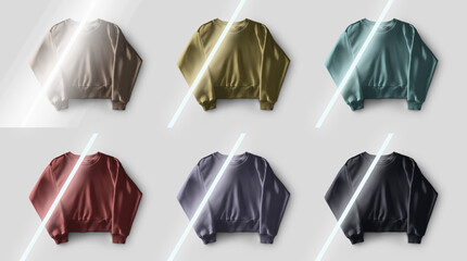 Mockup of bright crop sweatshirt with diagonal lamp light, stylish women's clothing, isolated on background, front view. Set.