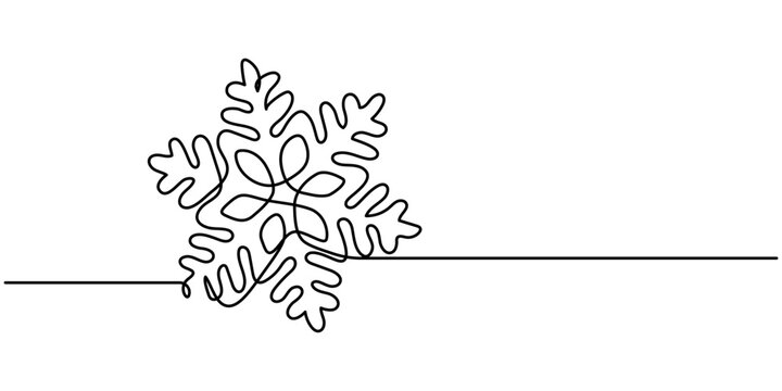 Merry Christmas decoration. Continuous one line drawing art, Snowflake vector one line continuous illustration. Winter holiday freehand drawing. Hand drawn linear icon. Festive design for print
