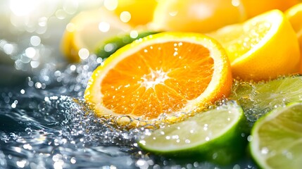 Citrus slices of orange, lemon, and lime floating in sparkling water, captured in high detail, with bright, refreshing colors and soft reflections on the glass, Hyper-realistic, Photography.