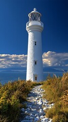 A white lighthouse stands tall against a bright blue sky, a rocky path leading to its base.