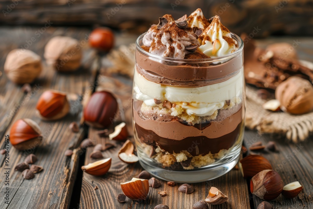 Canvas Prints chocolate mousse layer dessert with chestnut puree cream cheese whipped cream and hazelnuts in a jar