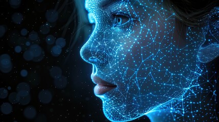 Face and digital wireframe hologram, blue color theme, on black background, high resolution photography. in the style of digital wireframe hologram. Generative AI.