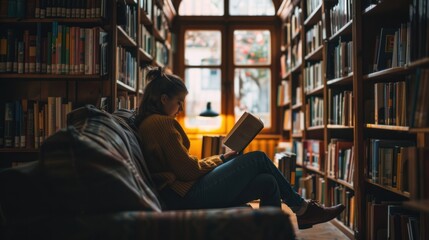 Image of a person reading a book in a cozy, well-lit library