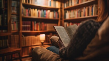 Image of a person reading a book in a cozy, well-lit library.