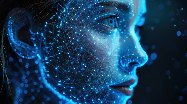 Face and digital wireframe hologram, blue color theme, on black background, high resolution photography. in the style of digital wireframe hologram. Generative AI.
