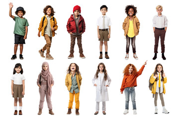 Fototapeta premium PNG diverse happy kid standing full body design element set, transparent background