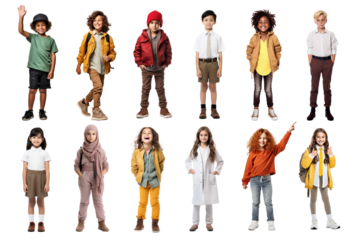 PNG diverse happy kid standing full body design element set, transparent background