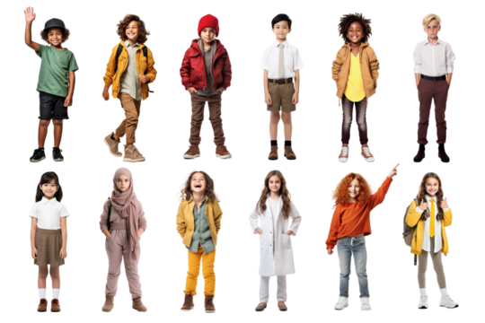 PNG diverse happy kid standing full body design element set, transparent background