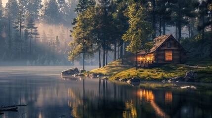 Fototapeta premium a peaceful lakeside cabin, perfect for a relaxing getaway.