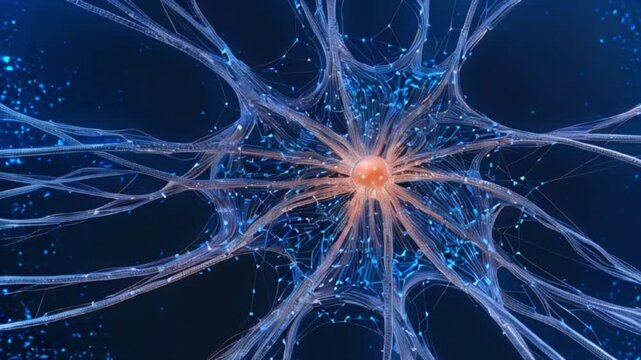 A 3D rendering of a neuron with a glowing nucleus and intricate network of axons and dendrites against a deep blue background.