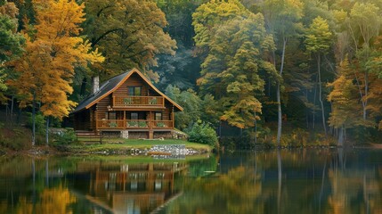 Fototapeta premium a peaceful lakeside cabin, perfect for a relaxing getaway.