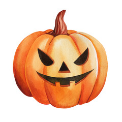 Halloween pumpkin watercolor on isolated background. Hand drawn Funny autumn holiday pumpkin. Happy Halloween party 