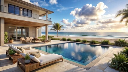 Coastal Retreat: Oceanfront pool, sandy yard, coastal vibes, airy atmosphere, beige and blue tones