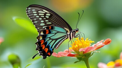 Naklejka premium Blue and Black Butterfly on Pink Flower