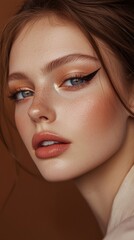 Obraz premium close-up portrait of a young female model with winged eyeliner make-up