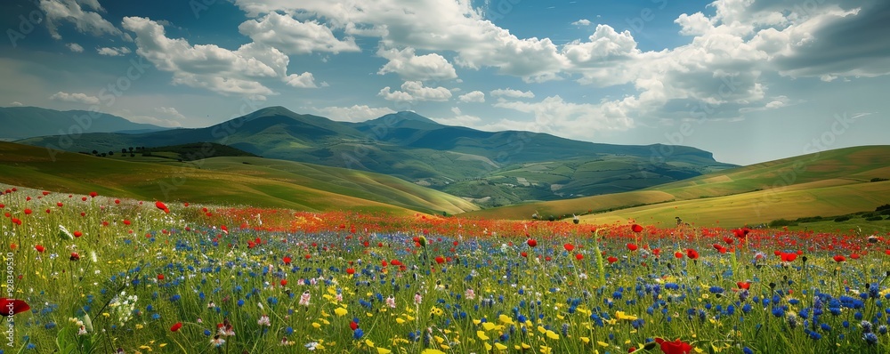 Canvas Prints Rolling hills covered in vibrant wildflowers, 4K hyperrealistic photo