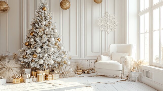 White Christmas tree decorated with gold ornaments in a luxurious living room setting.