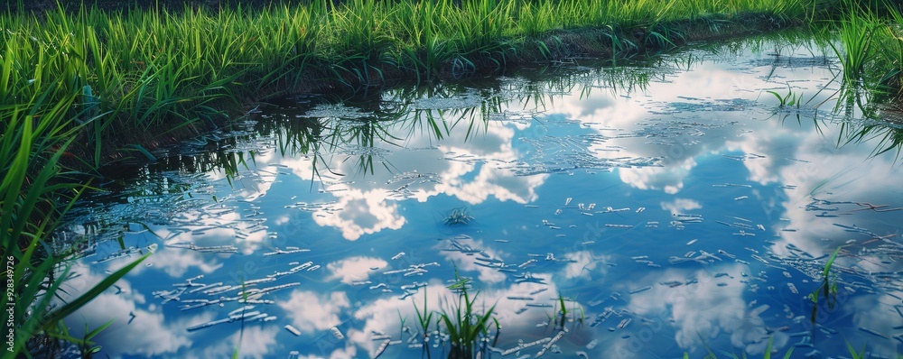 Sticker Rice paddies reflecting the sky, 4K hyperrealistic photo