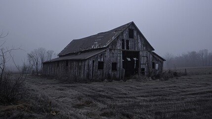 Obraz premium Spooky Old Barn with Broken Windows Under Overcast Sky