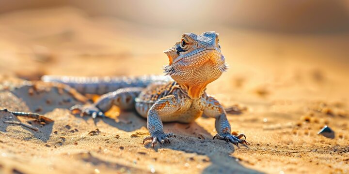 Toad headed agama Phrynocephalus mystaceus in natural habitat Close up of calm desert roundhead lizard on sand Majestic desert dragon