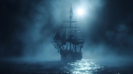 Fototapeta premium Ghost Ship Sailing Through Haunting Moonlit Foggy Waters