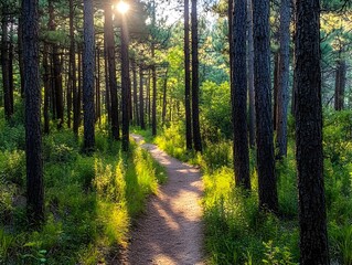 Obraz premium Serene and quiet winding trail through a towering pine forest with soft sunlight breaking through the tall trees creating a peaceful and tranquil outdoor hiking experience