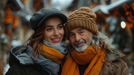 A caring moment captured as a young person adjusts the scarf of an elderly man before they walk together, with a backdrop of a charming cobblestone street and historic buildings.
